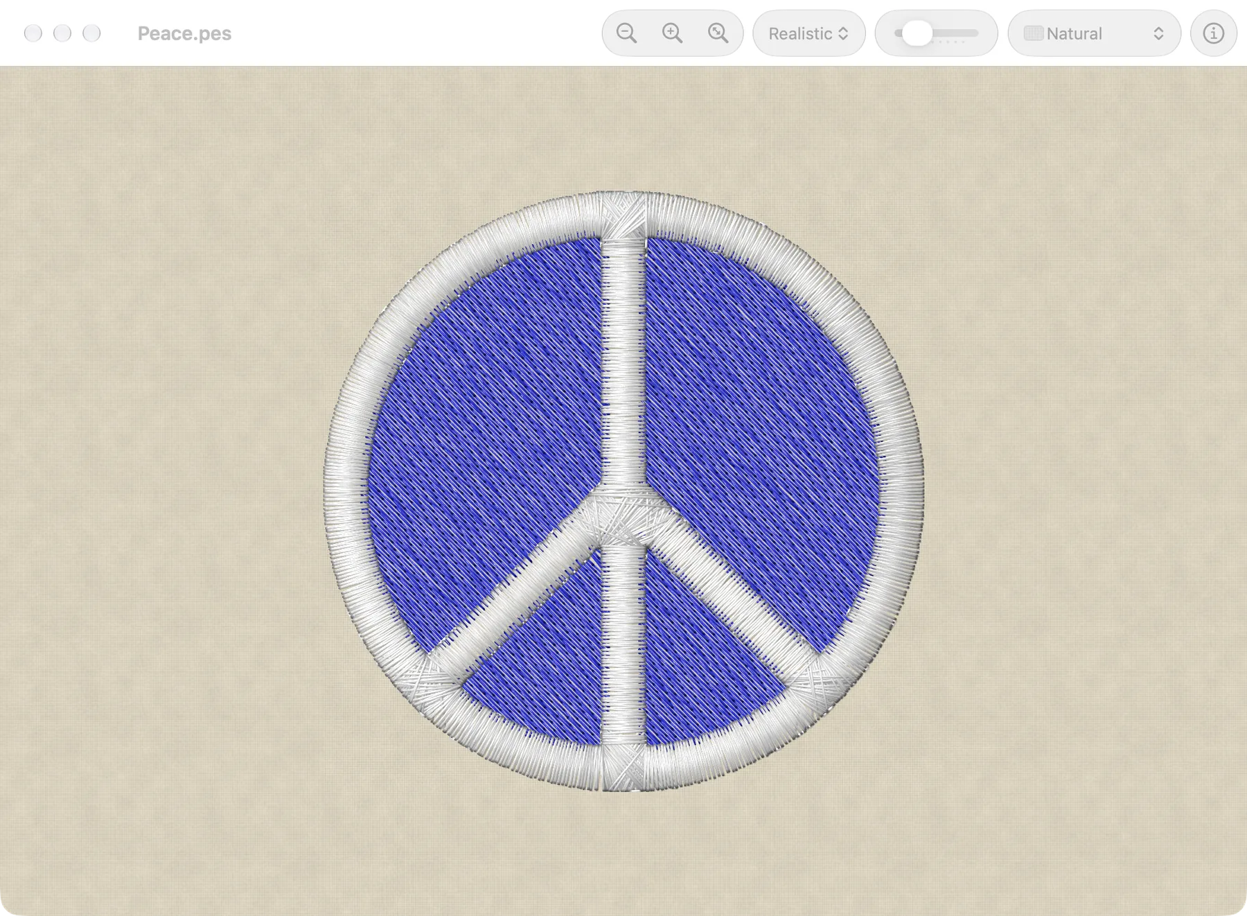 A Needle Works window showing a peace sign design in white satin over a blue fill, drawn as realistic thread on natural fabric
